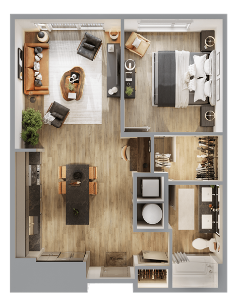 a 3d rendering of a floor plan with a bedroom and a living room at Bemiston Place Apartments, Clayton